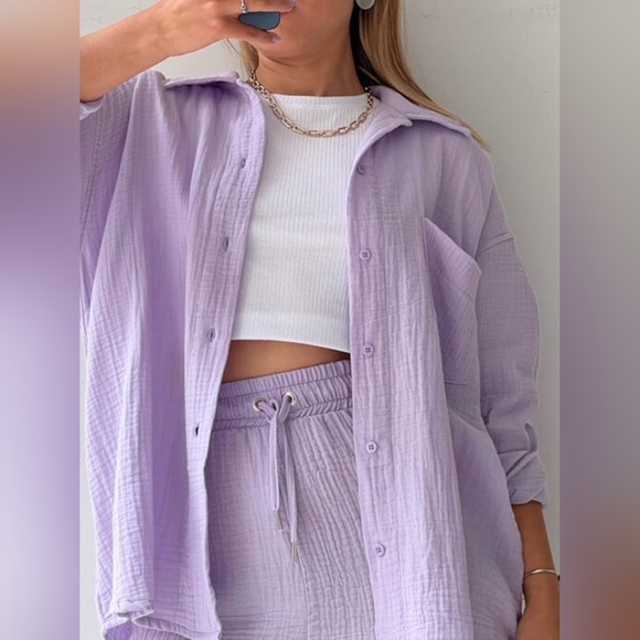 Texture Button Up Shirt and Drawstring Shorts Set - Picture 3 of 4